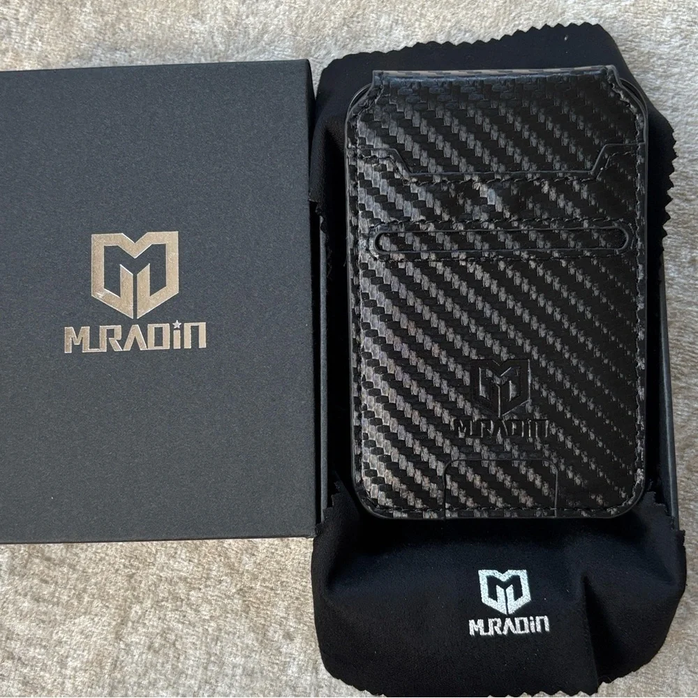 Brand New Muradin Black Carbon Fiber Minimalist Wallet RFID Blocking Card Holder